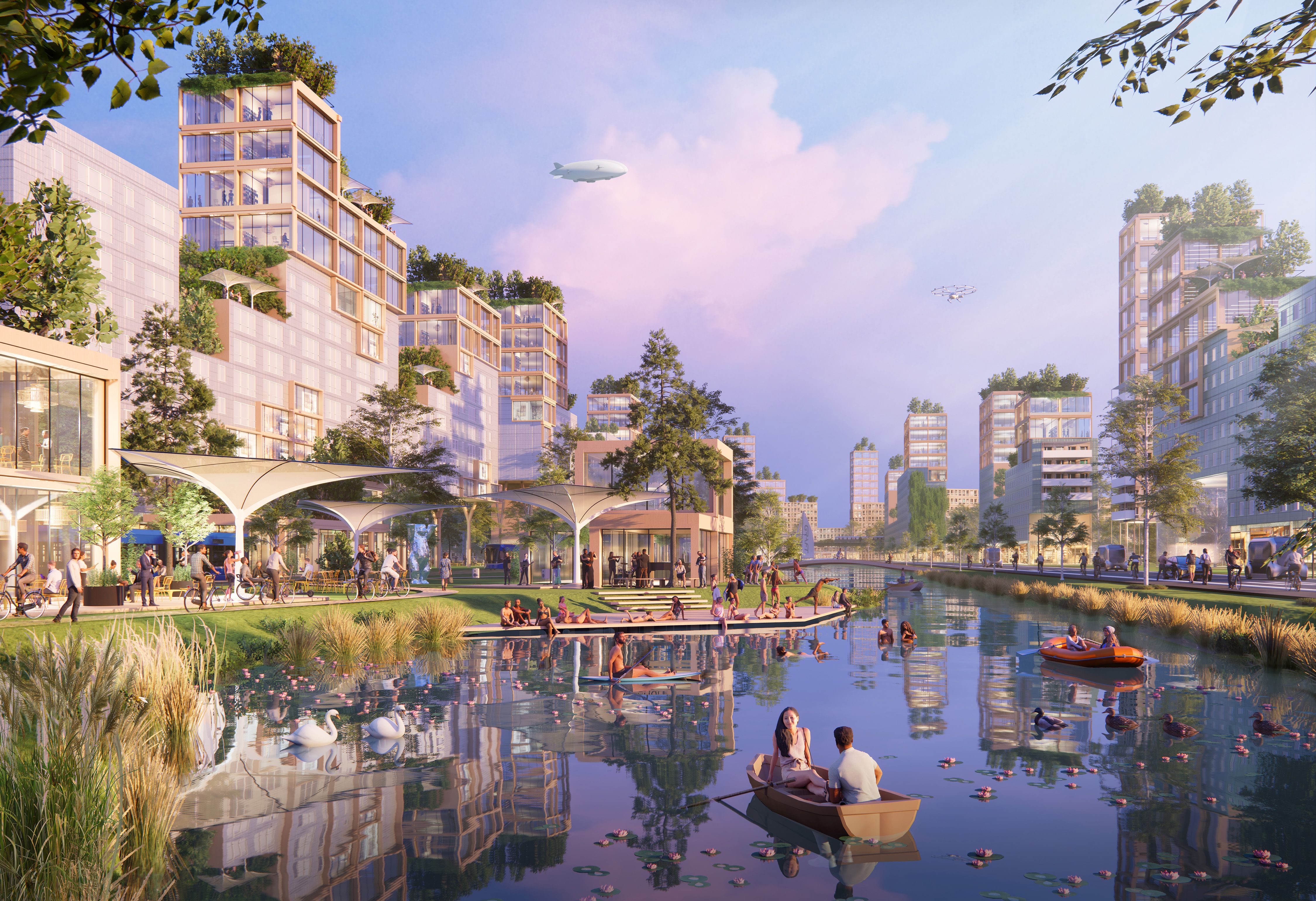 A futuristic waterfront cityscape with modern apartments and rooftop gardens. People are boating and gathering near the shore, with a blimp and drone visible in the sky.