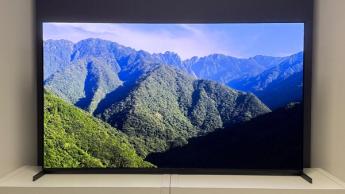 55-дюймовый телевизор Sony Bravia 8 II QD-OLED на белом столе демонстрирует яркий документальный фильм о природе
