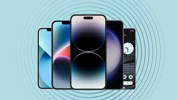 Uma variedade de dispositivos Apple, Samsung e Google exibidos sobre um fundo azul claro