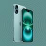Apple iPhone 16 exibido sobre um fundo verde vibrante
