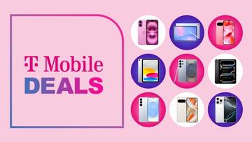 Vários smartphones e tablets da Apple, Google e Samsung exibidos sobre um fundo rosa com texto de ofertas da T-Mobile