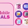 Varios smartphones y tablets de Apple, Google y Samsung mostrados sobre un fondo rosa con texto de ofertas de T-Mobile