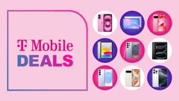 Vários smartphones e tablets da Apple, Google e Samsung exibidos sobre um fundo rosa com texto de ofertas da T-Mobile