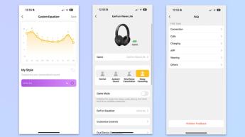 Drei Screenshots aus der EarFun Audio-App zeigen die EQ-Anpassungsoptionen für Wave Life Pro Kopfhörer.