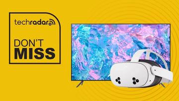 TV Samsung e headset de realidade virtual Meta Quest 3S em fundo amarelo com texto promocional 'não perca' em destaque