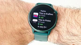 Garmin Vivoactive 6 close-up showing Spotify on the watch
