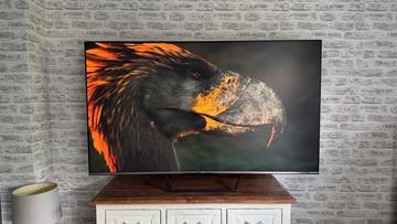 Телевизор Metz MQE7600 4K с изображением доисторической птицы, установленный на деревянной тумбе у кирпичной стены