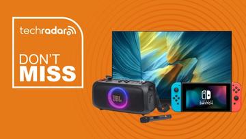 Smart TV Samsung, alto-falante JBL e Nintendo Switch exibidos em um fundo laranja com texto sobreposto 'não perca'