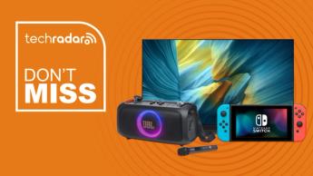 Smart TV Samsung, alto-falante JBL e Nintendo Switch exibidos em um fundo laranja com texto sobreposto 'não perca'