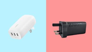 Belkin og Anker 67W USB-C vægopladere på farverig baggrund