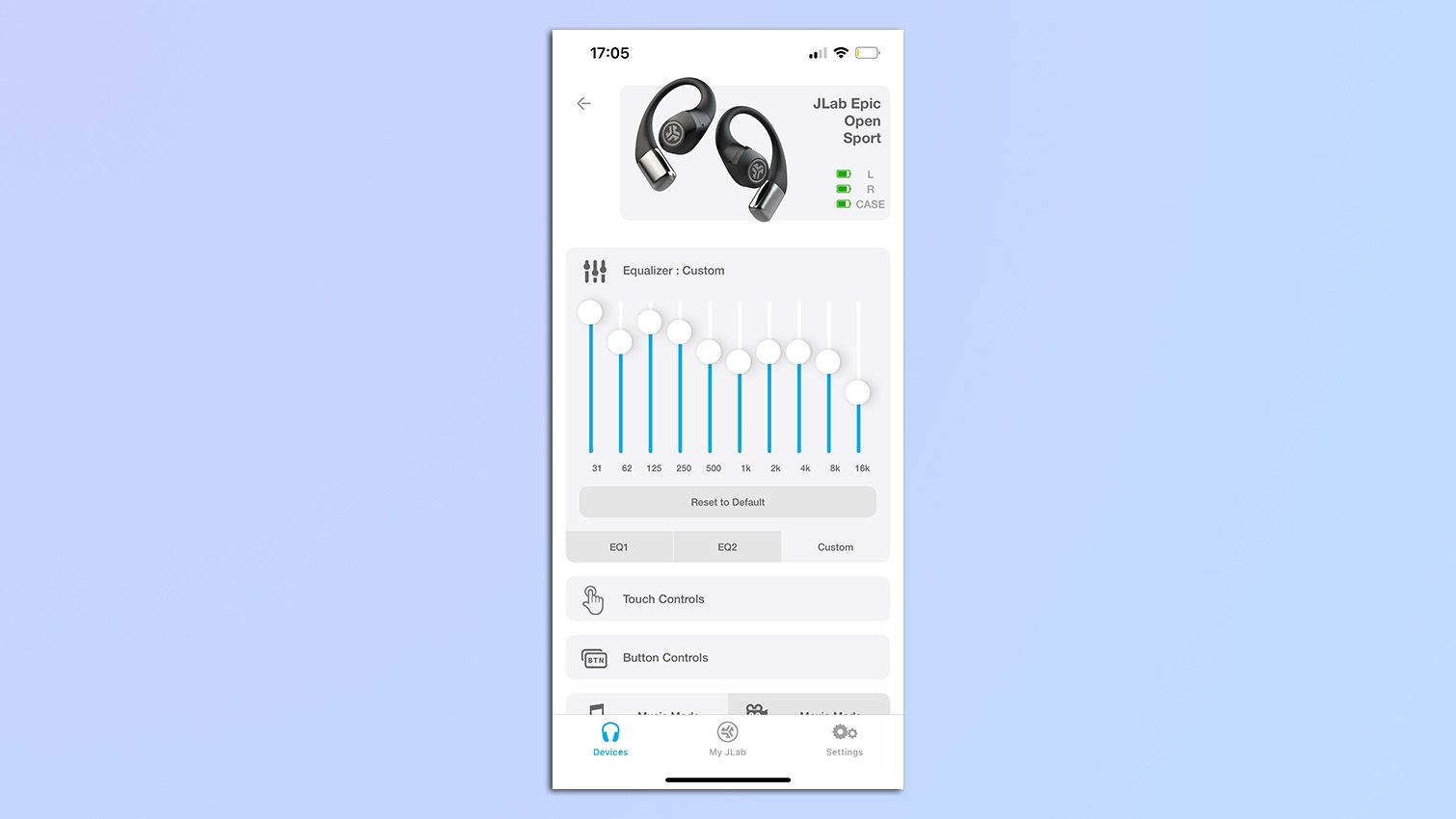 Screenshot der JLab App mit den Equalizer-Einstellungen für die JLab Epic Open Sport Open-Ear-Kopfhörer