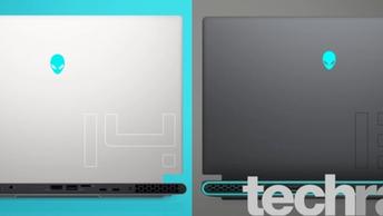 Two alienware gaming laptops on teal and grey background with techradar logo
