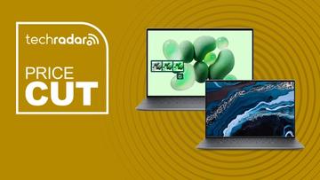 Två Dell-bärbara datorer på en livfull gul bakgrund