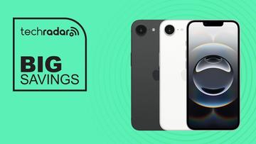 Smartphone Apple iPhone 16e sobre fundo verde com texto promocional de grandes descontos