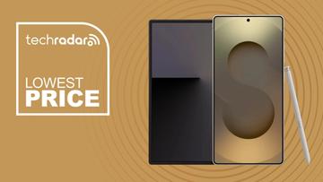 Smartphones Samsung Galaxy S25 Ultra e Galaxy Z Fold 7 exibidos sobre fundo laranja com texto de oferta pelo menor preço