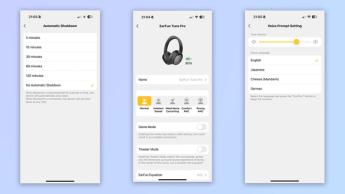 Drei Screenshots, die verschiedene Funktionen der Earfun-App-Oberfläche zeigen