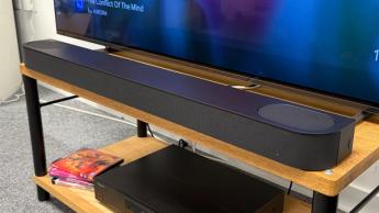 Sony Bravia Theatre Bar 6 soundbar on wooden AV rack slight angle from right hand side