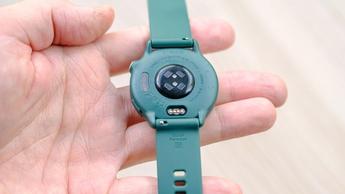 Close-up of the health sensor array on the back of the Garmin Vivoactive 6 smartwatch