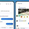 Två Android-smartphones som visar Google Meddelanden-appen mot en grön och blå bakgrund