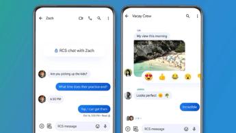 Två Android-smartphones som visar Google Meddelanden-appen mot en grön och blå bakgrund