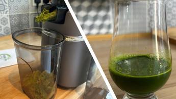 Jugo y pulpa de kale extraídos con el extractor lento Amzchef SJ-036