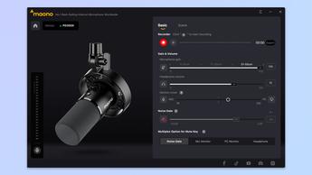 Ein Screenshot der Startseite der Maono Link App auf blauem Hintergrund
