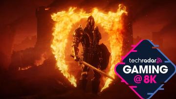 En medeltida riddare står i en ring av eld