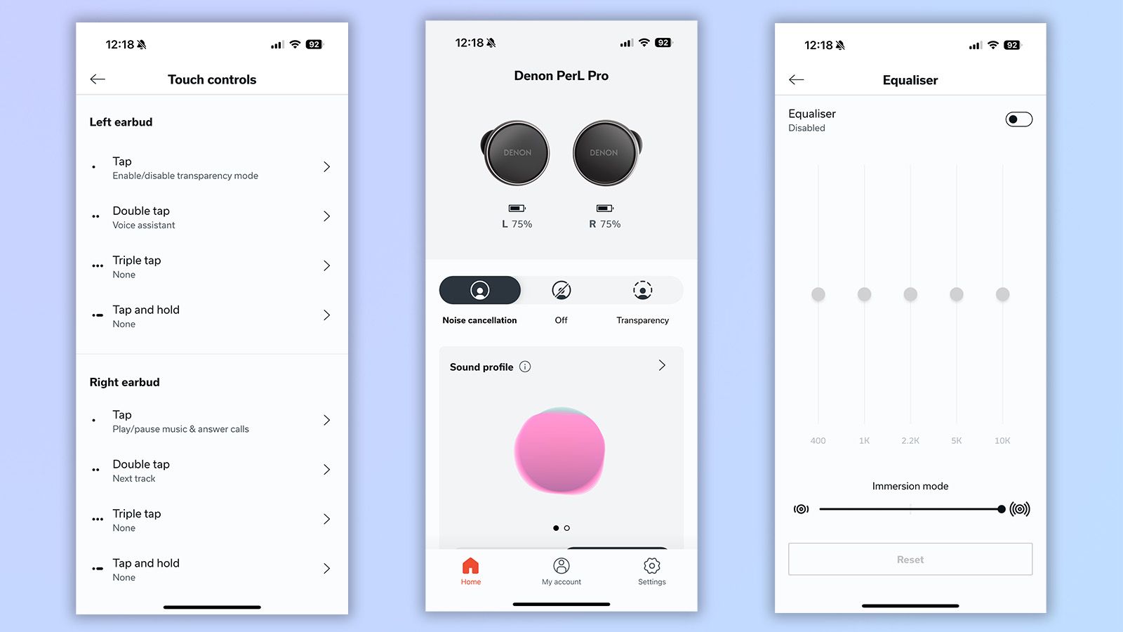 Drei Screenshots aus der Denon App zeigen den Startbildschirm, anpassbare Touch-Steuerungen und erweiterte Equalizer-Bandoptionen.