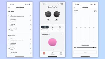 Drei Screenshots aus der Denon App zeigen den Startbildschirm, anpassbare Touch-Steuerungen und erweiterte Equalizer-Bandoptionen.