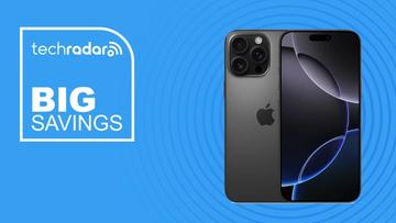 Apple iPhone 16 Pro Max som visas på en blå bakgrund med kampanjbesparingar överlag