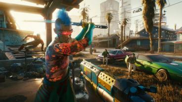 Promoveringsbillede fra videospillet Cyberpunk 2077 med et futuristisk bylandskab