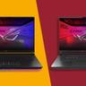 Asus ROG Strix G16과 Asus ROG Strix SCAR 16 게이밍 노트북이 TechRadar 배경 앞에 나란히 놓여 있음