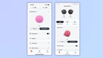 Zwei Screenshots aus der Denon App vergleichen personalisierte Klangprofile auf den PerL Pro kabellosen Ohrhörern