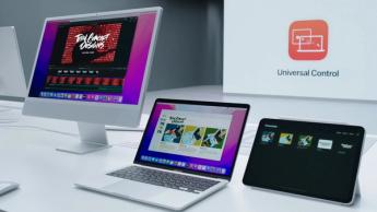 Skärmdump som visar Universal Control-funktionen i macOS med flera enheter anslutna