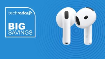 Apple AirPods 4 vist på en blå baggrund med kampagnetekst om store besparelser