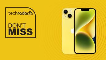 Gul Apple iPhone 14 på gul bakgrund med texten 'missa inte' överlagrad