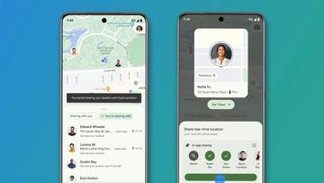 Två Android-smartphones som visar den nya fliken Personer i Hitta min enhet-nätverket mot en blå och grön bakgrund