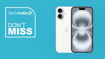 Smartphone Apple iPhone 16 sobre fondo azul con texto promocional 'no te lo pierdas'