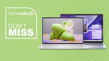 Dell XPS 13 och Dell 14 Plus laptops visade på en grön bakgrund med ett meddelande om att inte missa