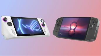 Asus ROG AllyとLenovo Legion Goの携帯型ゲーム機が並んでいる