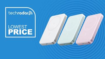 Tre Anker MagGo Power Bank 10K Slim opladere i hvid, grøn og pink vist sammen med et mærkat med teksten 'laveste pris'