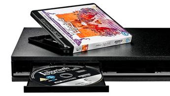 Sony UBP-X800 on a white background with a copy of Labyrinth on Blu-ray in the open disc drive