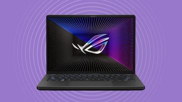 Asus Zephyrus G14 gaminglaptop på lila bakgrund, som framhäver dess eleganta design och högpresterande funktioner