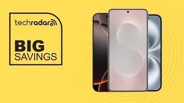 Smartphones Samsung Galaxy S25 Edge, iPhone 16 Pro Max e iPhone 16 exibidos sobre um fundo amarelo com destaque para grandes ofertas