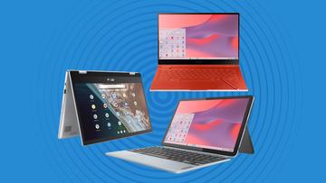 Tre Chromebooks från Samsung, Asus och Lenovo visas mot en blå bakgrund
