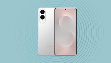 Smartphone Samsung Galaxy S25 Edge exibido sobre um fundo azul