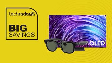 TV OLED Samsung e óculos inteligentes Ray-Ban Meta sobre fundo amarelo com destaque para grandes descontos