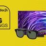 Televisor Samsung OLED y anteojos inteligentes Ray-Ban Meta sobre un fondo amarillo con texto de grandes ahorros