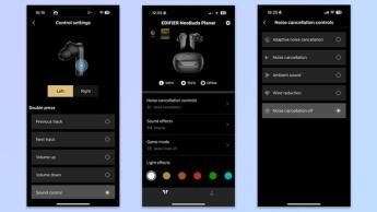 Drei Screenshots aus der Edifier Connex App zeigen die Startseite, die Anpassung der Touch-Steuerung und erweiterte Einstellungen einschließlich Trageerkennung.