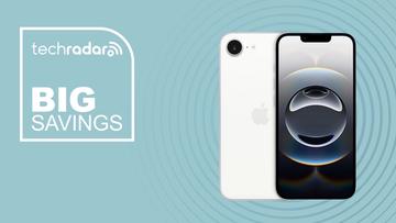 Apple iPhone 16e exibido sobre fundo azul com texto promocional de grandes descontos